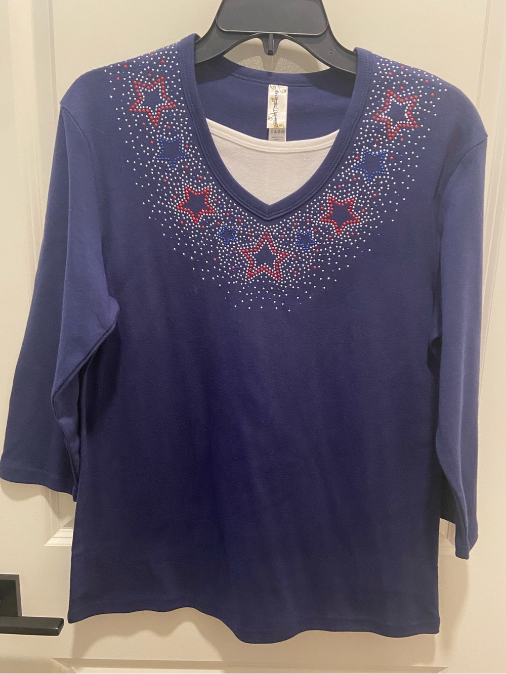 Women's Navy V-Neck Star Embellished Top - Blue with Red Accents